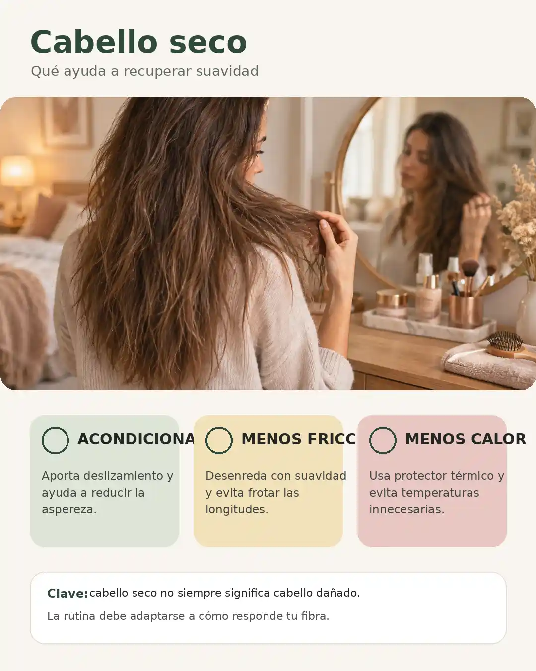Cabello seco: acondicionamiento, menos fricción y menos calor