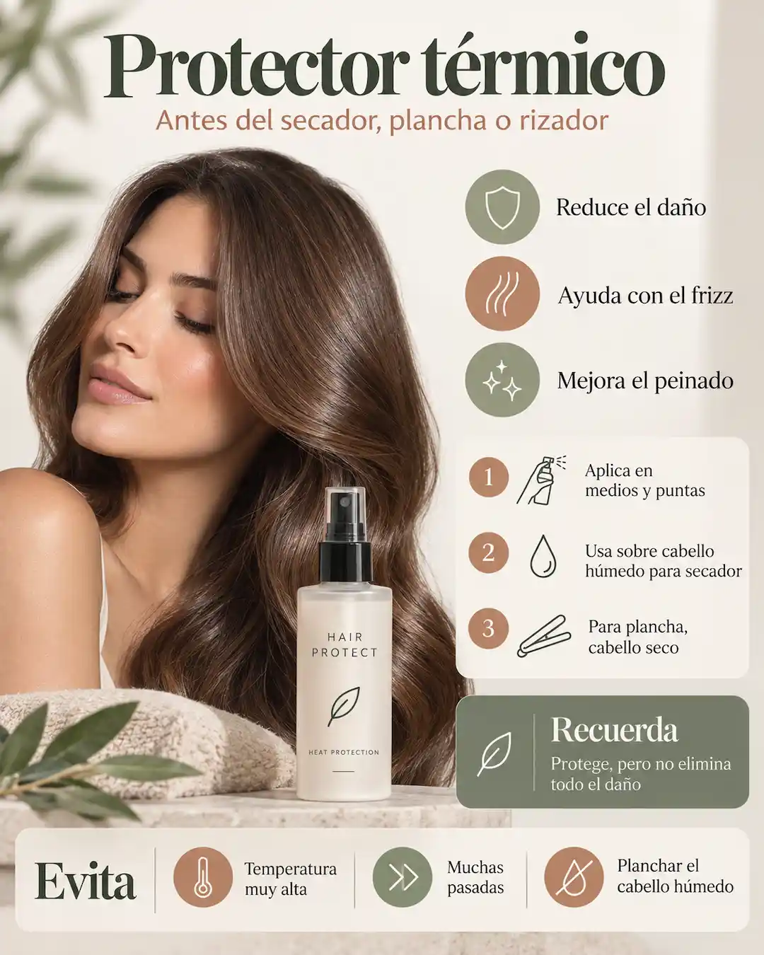 Cómo usar protector térmico para cabello antes del secador, plancha o rizador