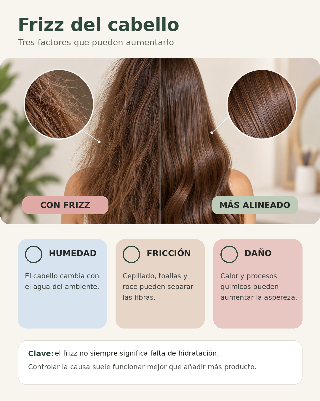 Causas del frizz en el cabello: humedad, fricción y daño